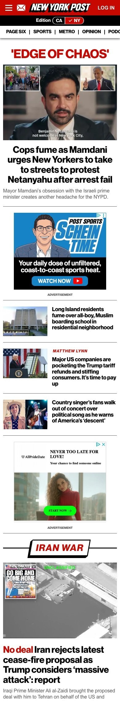 Mobile New York Post view with ads between news stories at three scroll points