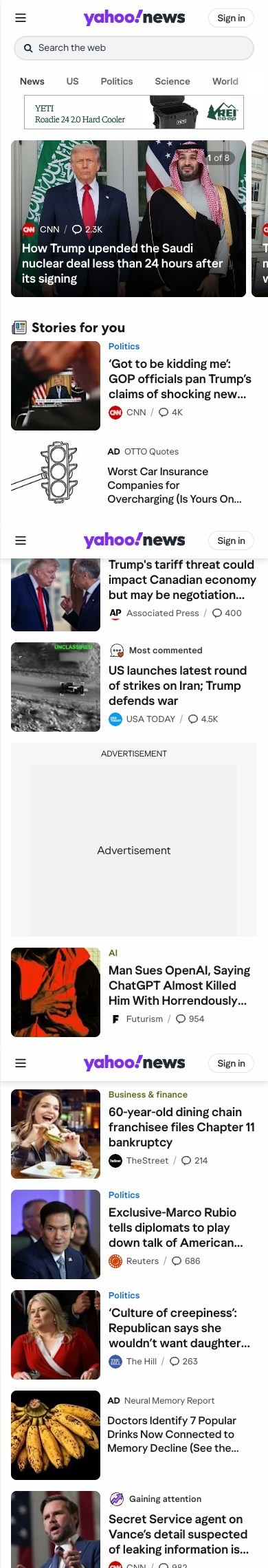 Mobile Yahoo News view with ads between headlines at three scroll points