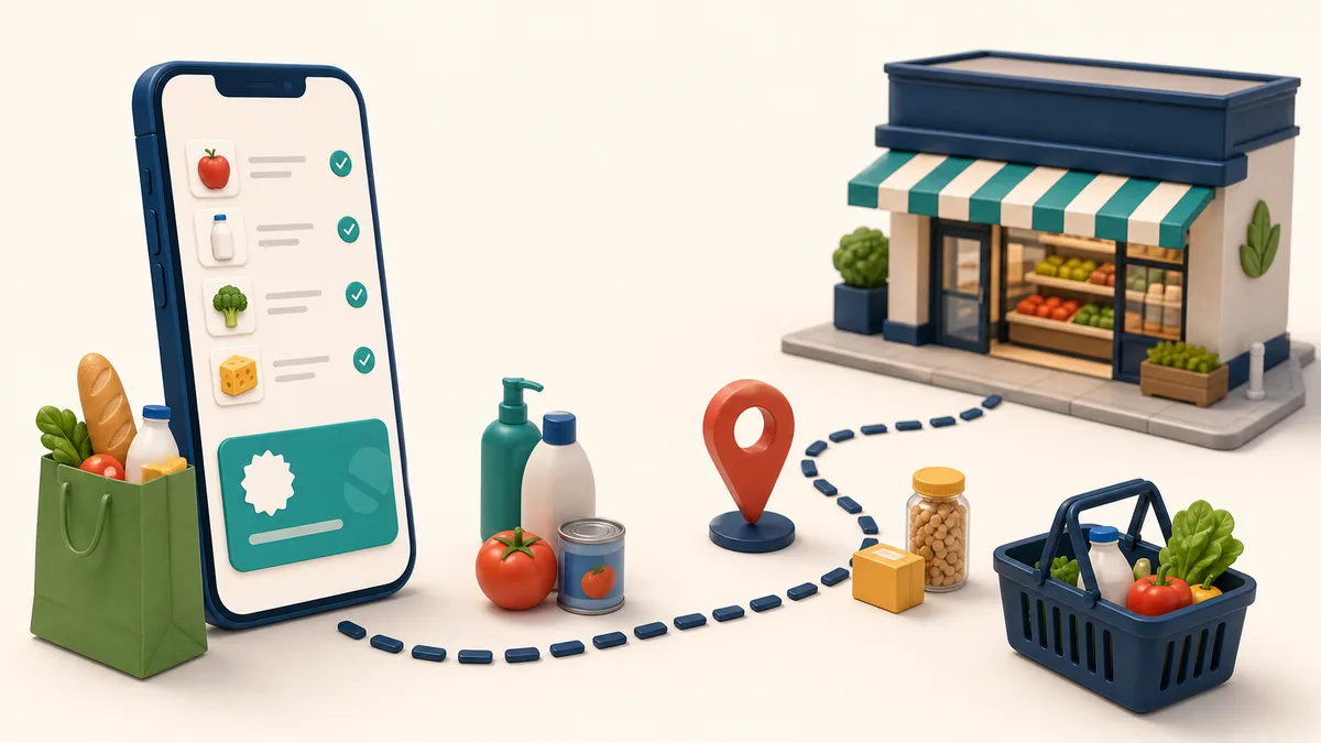 Illustration of drive to store showing the path from a phone shopping list to a store.