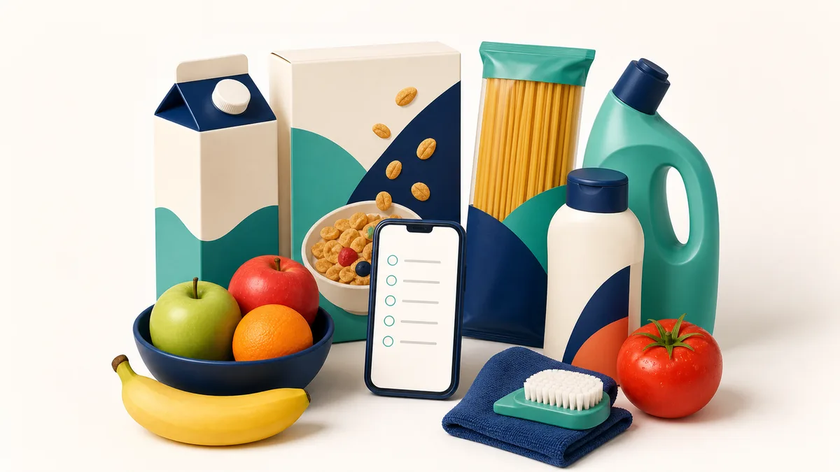Illustration of FMCG products around a digital shopping list.