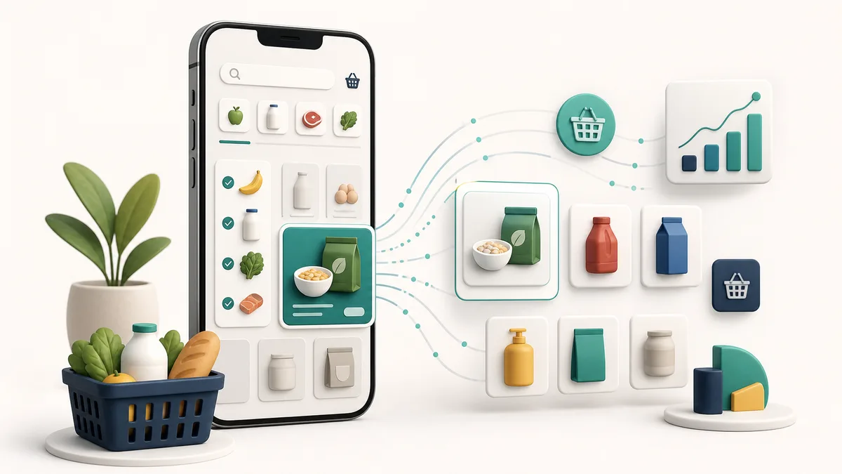 Illustration of retail media with a phone, ad placement and shopper signals.
