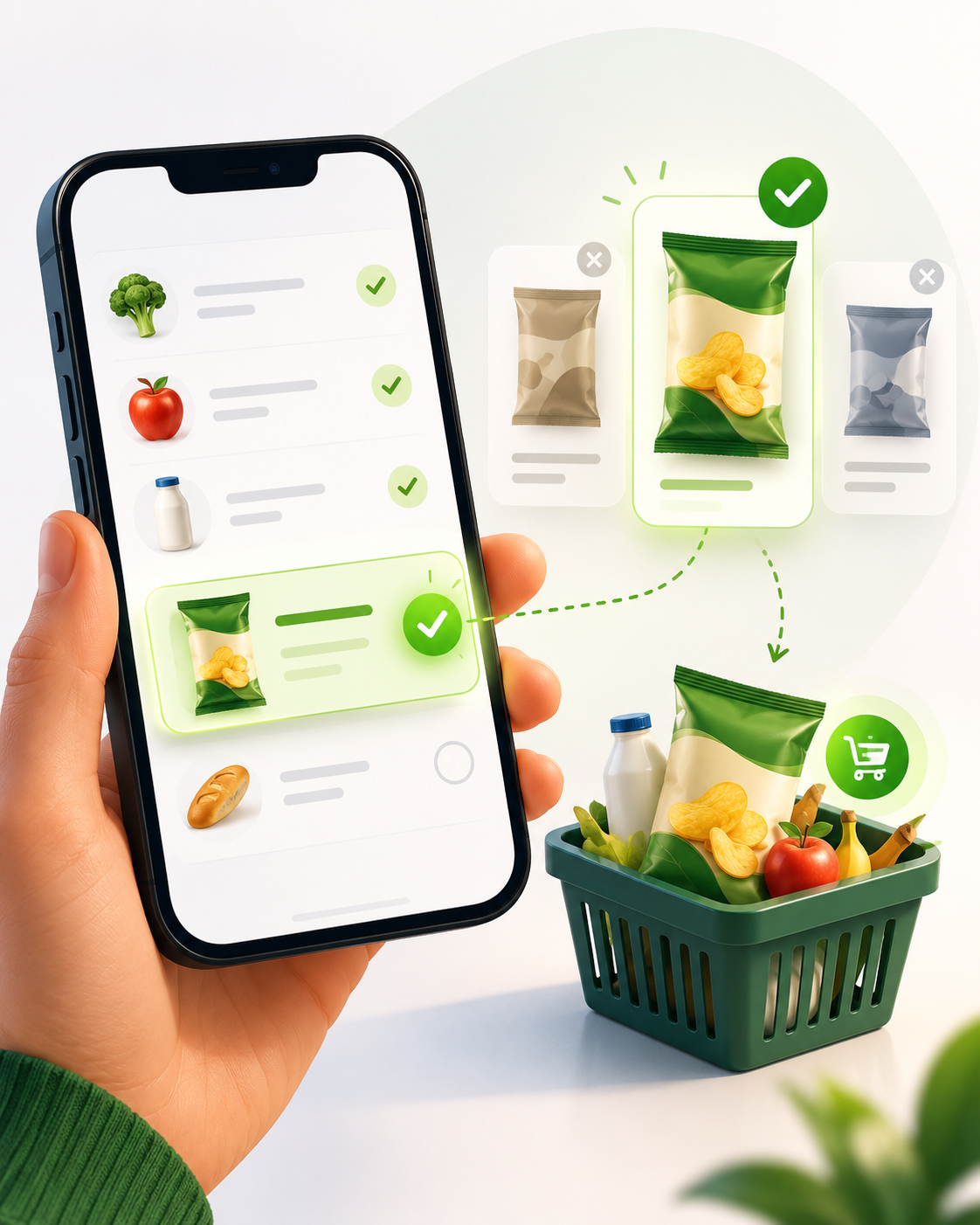 Shopping list app guiding a shopper toward an FMCG product choice