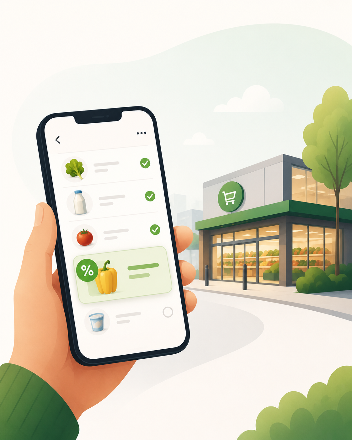 Shopping list app guiding a shopper from promotion to store visit