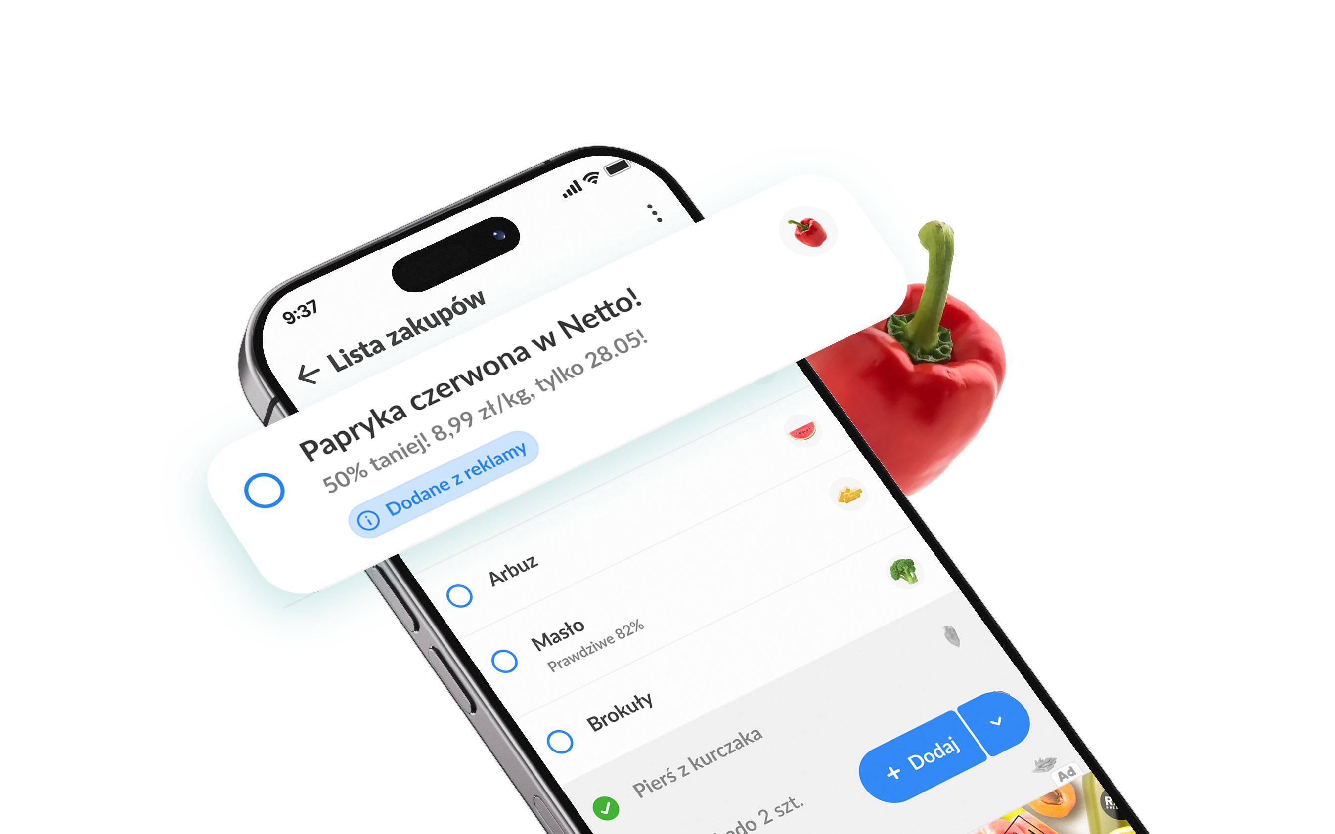 Mockup aplikacji Listonic z reklamą na ekranie telefonu