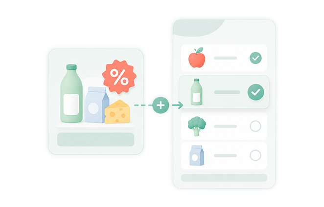 English shopping list app screen with grocery products