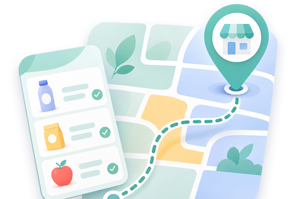 Illustration of a route from a shopping list to a store